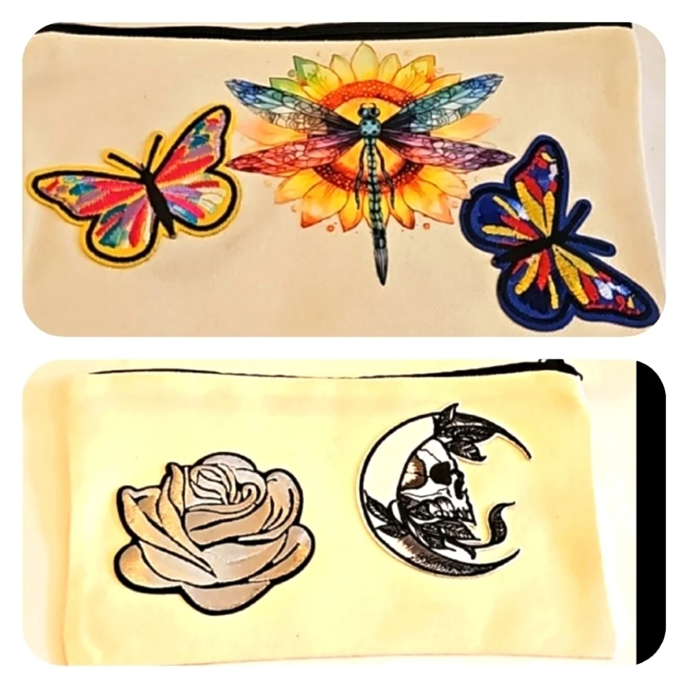 Hand Crafted canvas makeup bag pencil case iron transfer embroidery butterfly